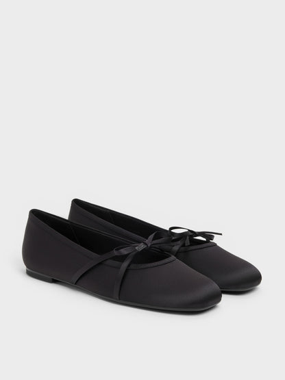 CHARLES & KEITH New | Satin Bow Ballet Flats - Black Textured