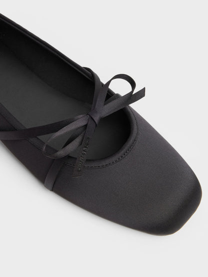CHARLES & KEITH New | Satin Bow Ballet Flats - Black Textured