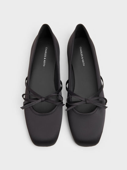 CHARLES & KEITH New | Satin Bow Ballet Flats - Black Textured