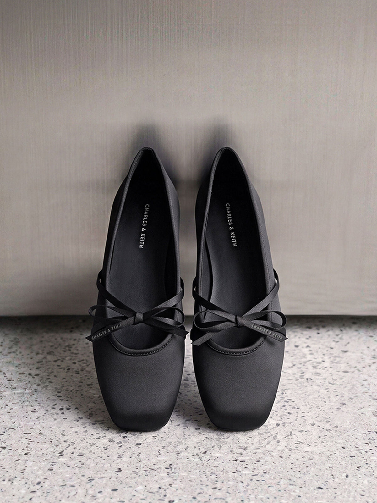 CHARLES & KEITH New | Satin Bow Ballet Flats - Black Textured