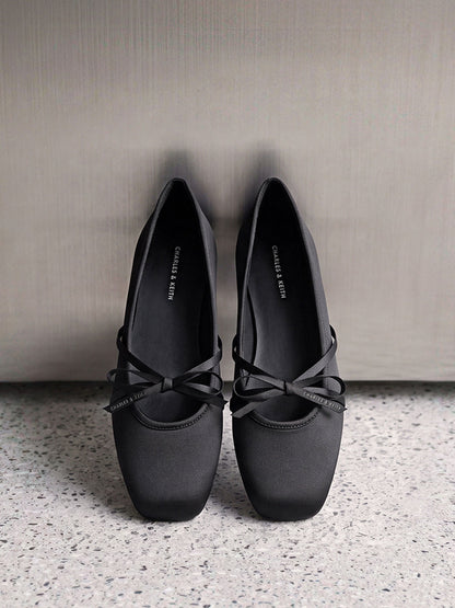 CHARLES & KEITH New | Satin Bow Ballet Flats - Black Textured