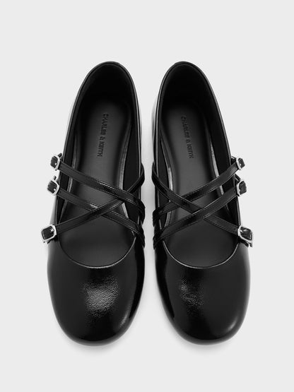 CHARLES & KEITH Featured | Patent Triple-Strap Mary Jane Flats - Black Patent