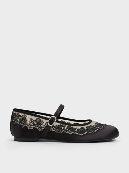CHARLES & KEITH Premium | Satin Embroidered-Mesh Mary Jane Flats - Black Textured