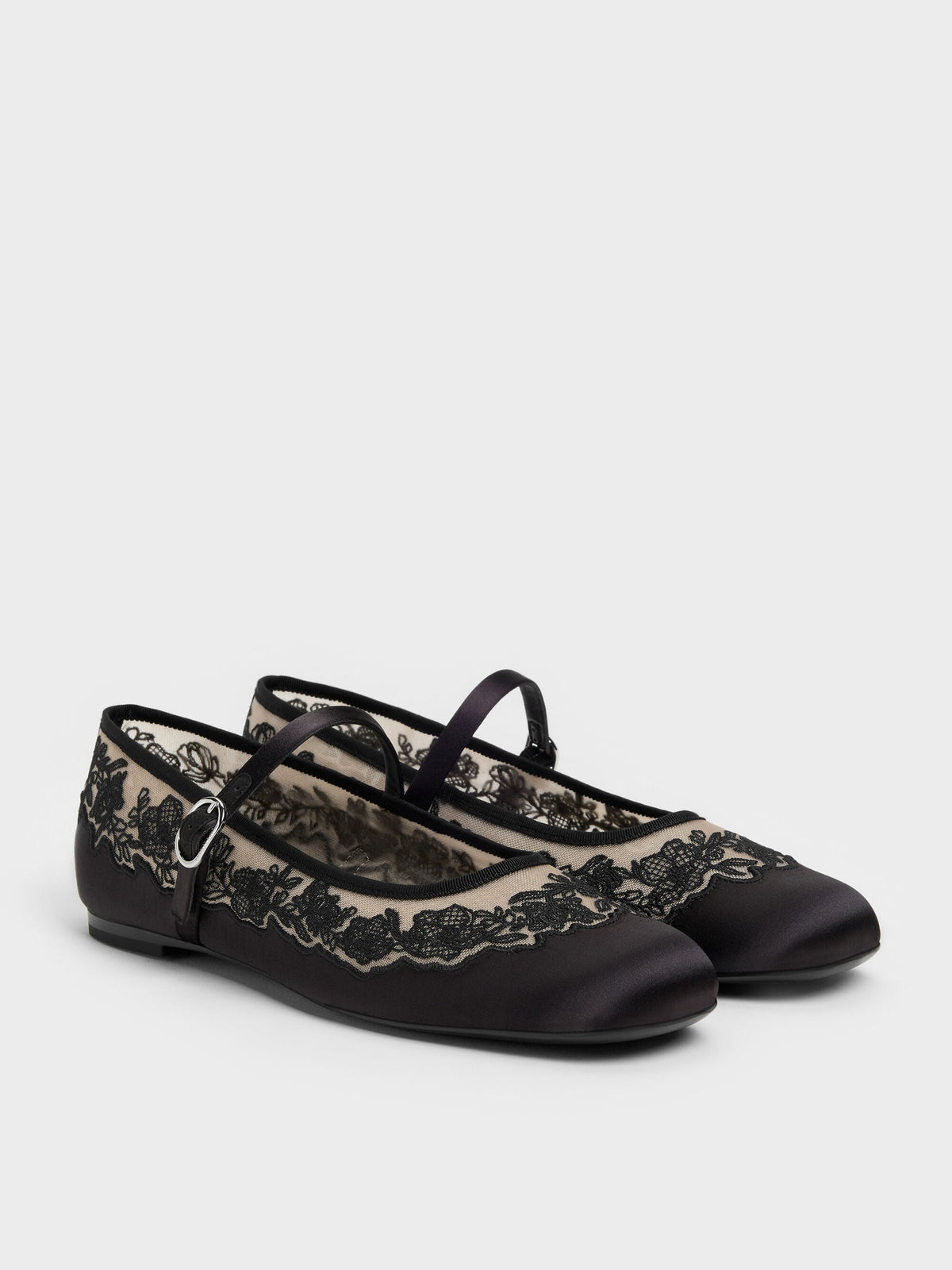 CHARLES & KEITH Premium | Satin Embroidered-Mesh Mary Jane Flats - Black Textured