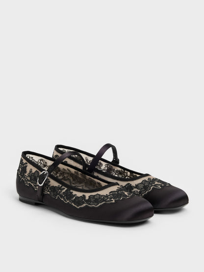 CHARLES & KEITH Premium | Satin Embroidered-Mesh Mary Jane Flats - Black Textured