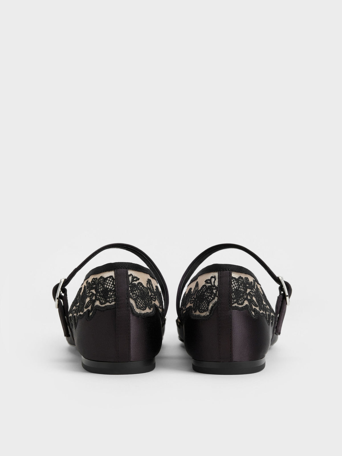 CHARLES & KEITH Premium | Satin Embroidered-Mesh Mary Jane Flats - Black Textured