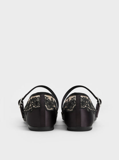 CHARLES & KEITH Premium | Satin Embroidered-Mesh Mary Jane Flats - Black Textured