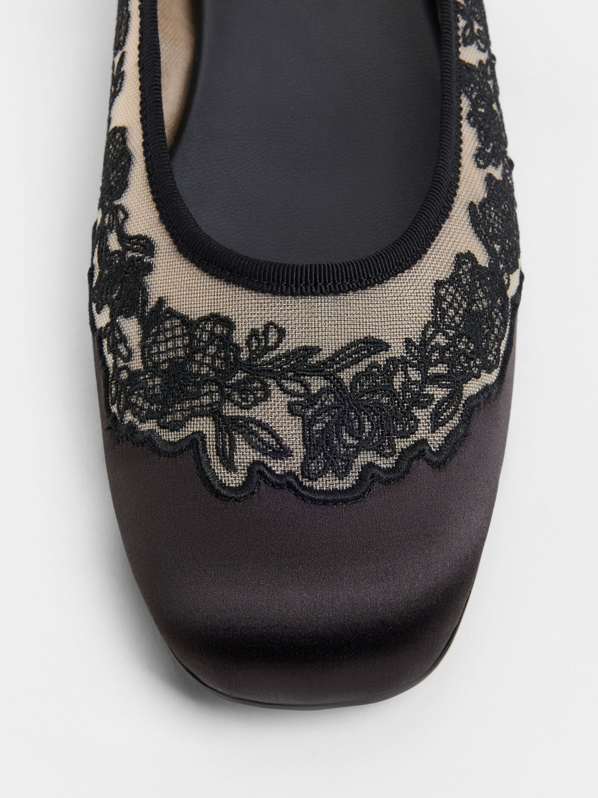 CHARLES & KEITH Premium | Satin Embroidered-Mesh Mary Jane Flats - Black Textured