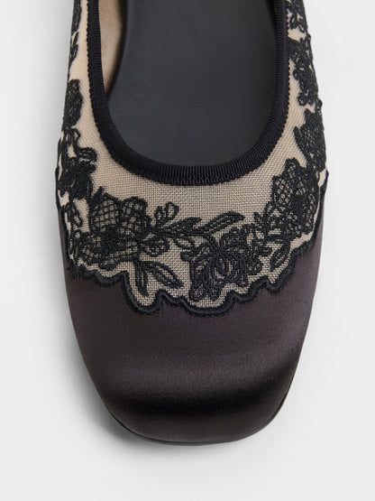 CHARLES & KEITH Premium | Satin Embroidered-Mesh Mary Jane Flats - Black Textured