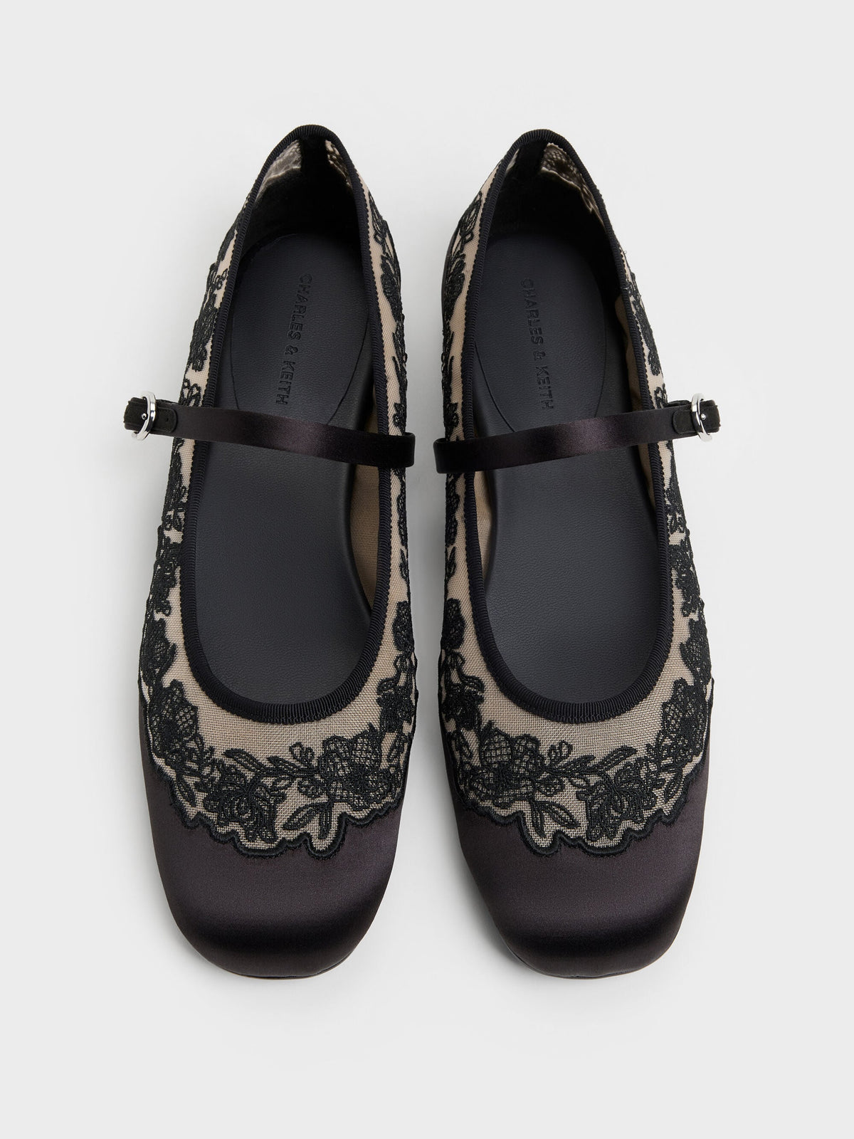 CHARLES & KEITH Premium | Satin Embroidered-Mesh Mary Jane Flats - Black Textured