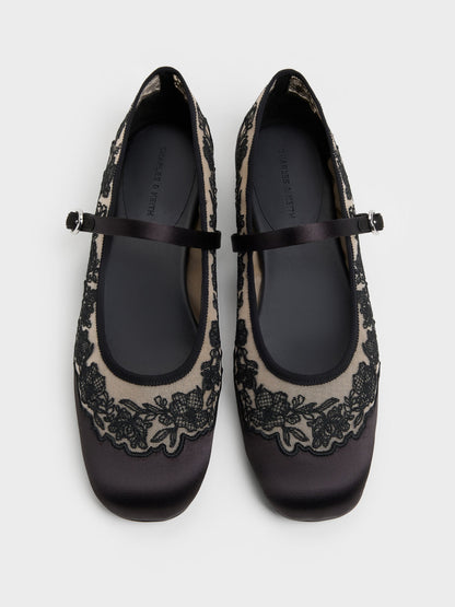 CHARLES & KEITH Premium | Satin Embroidered-Mesh Mary Jane Flats - Black Textured