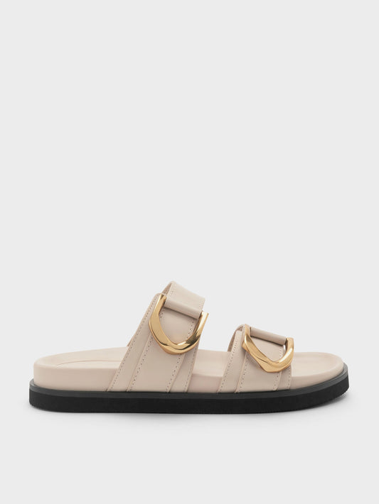 CHARLES & KEITH Special Offer | Gabine Gold-Buckle Leather Slides - Oat