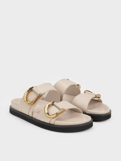 CHARLES & KEITH Special Offer | Gabine Gold-Buckle Leather Slides - Oat