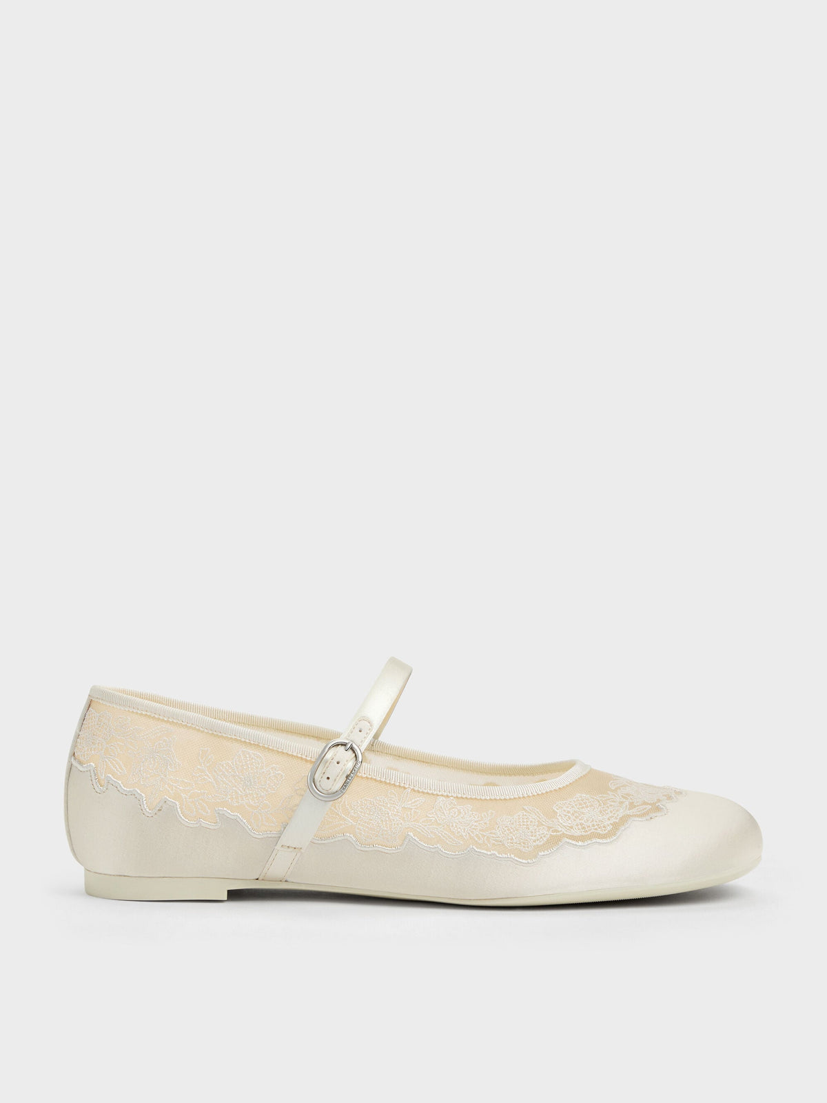 CHARLES & KEITH Everyday | Satin Embroidered-Mesh Mary Jane Flats - White