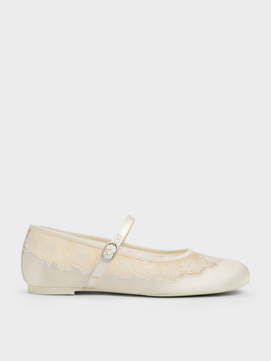 CHARLES & KEITH Everyday | Satin Embroidered-Mesh Mary Jane Flats - White