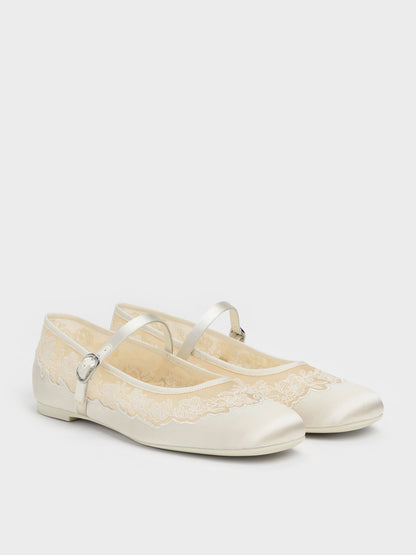 CHARLES & KEITH Everyday | Satin Embroidered-Mesh Mary Jane Flats - White