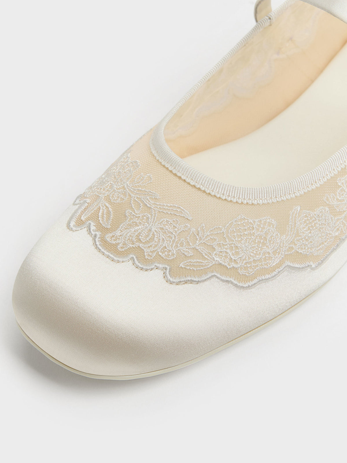 CHARLES & KEITH Everyday | Satin Embroidered-Mesh Mary Jane Flats - White