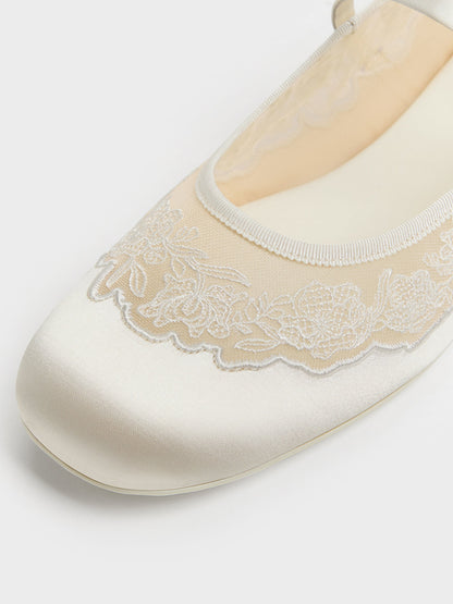 CHARLES & KEITH Everyday | Satin Embroidered-Mesh Mary Jane Flats - White