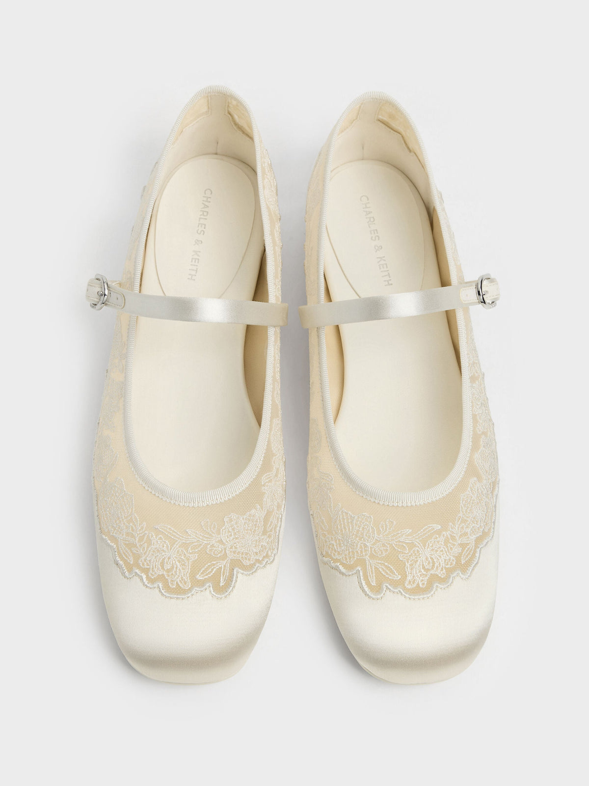 CHARLES & KEITH Everyday | Satin Embroidered-Mesh Mary Jane Flats - White