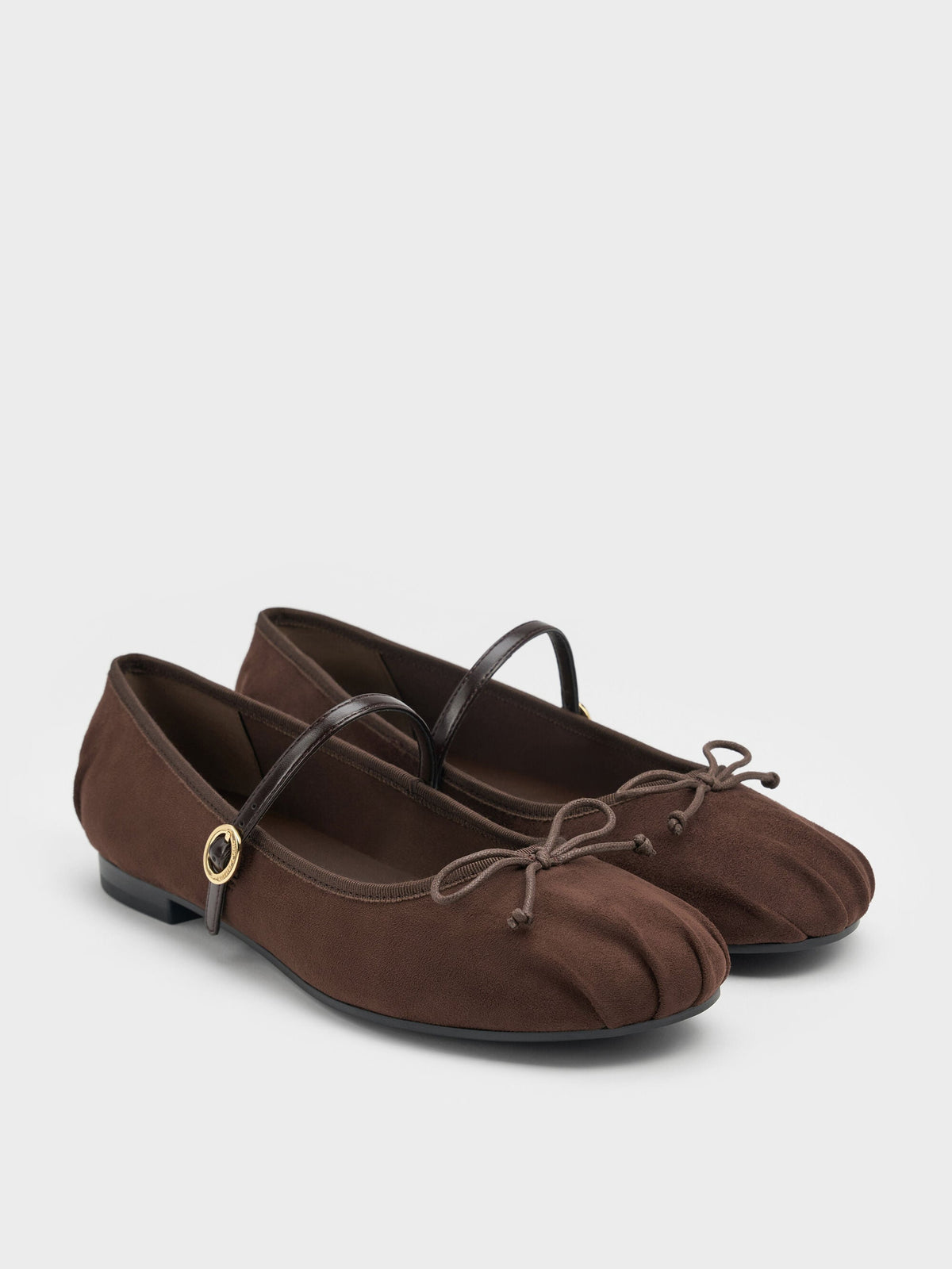CHARLES & KEITH Everyday | Emiko Faux Suede Bow Mary Jane Flats - Dark Brown Textured