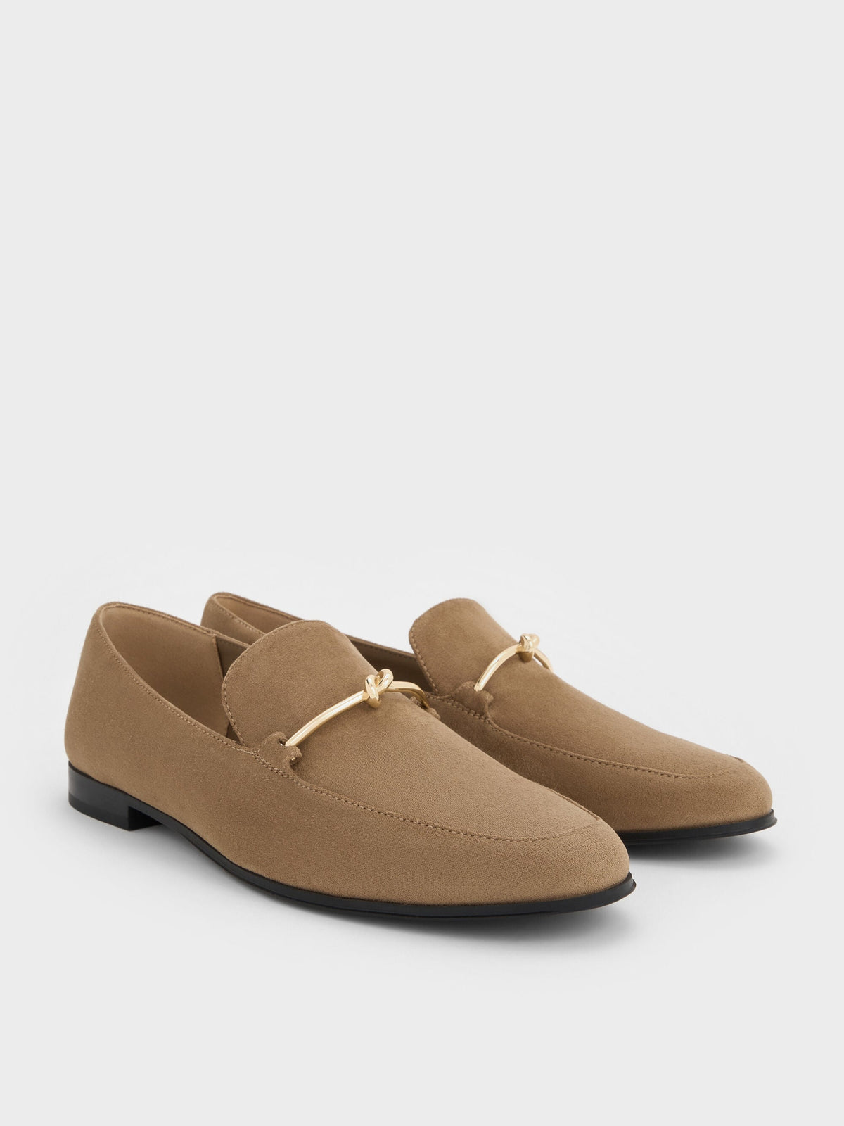 CHARLES & KEITH Everyday | Faux Suede Metallic Knot-Bar Loafers - Camel