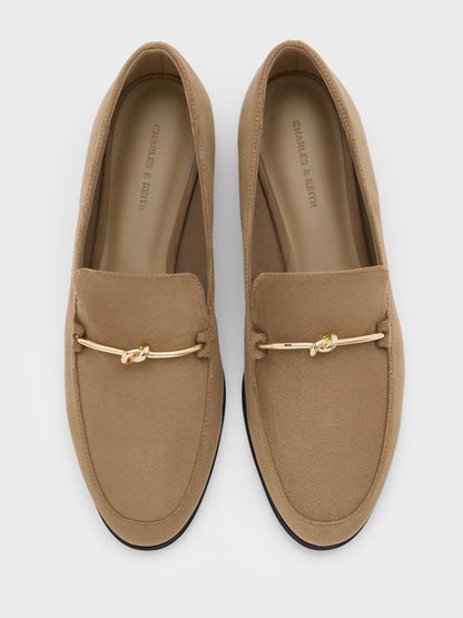 CHARLES & KEITH Everyday | Faux Suede Metallic Knot-Bar Loafers - Camel