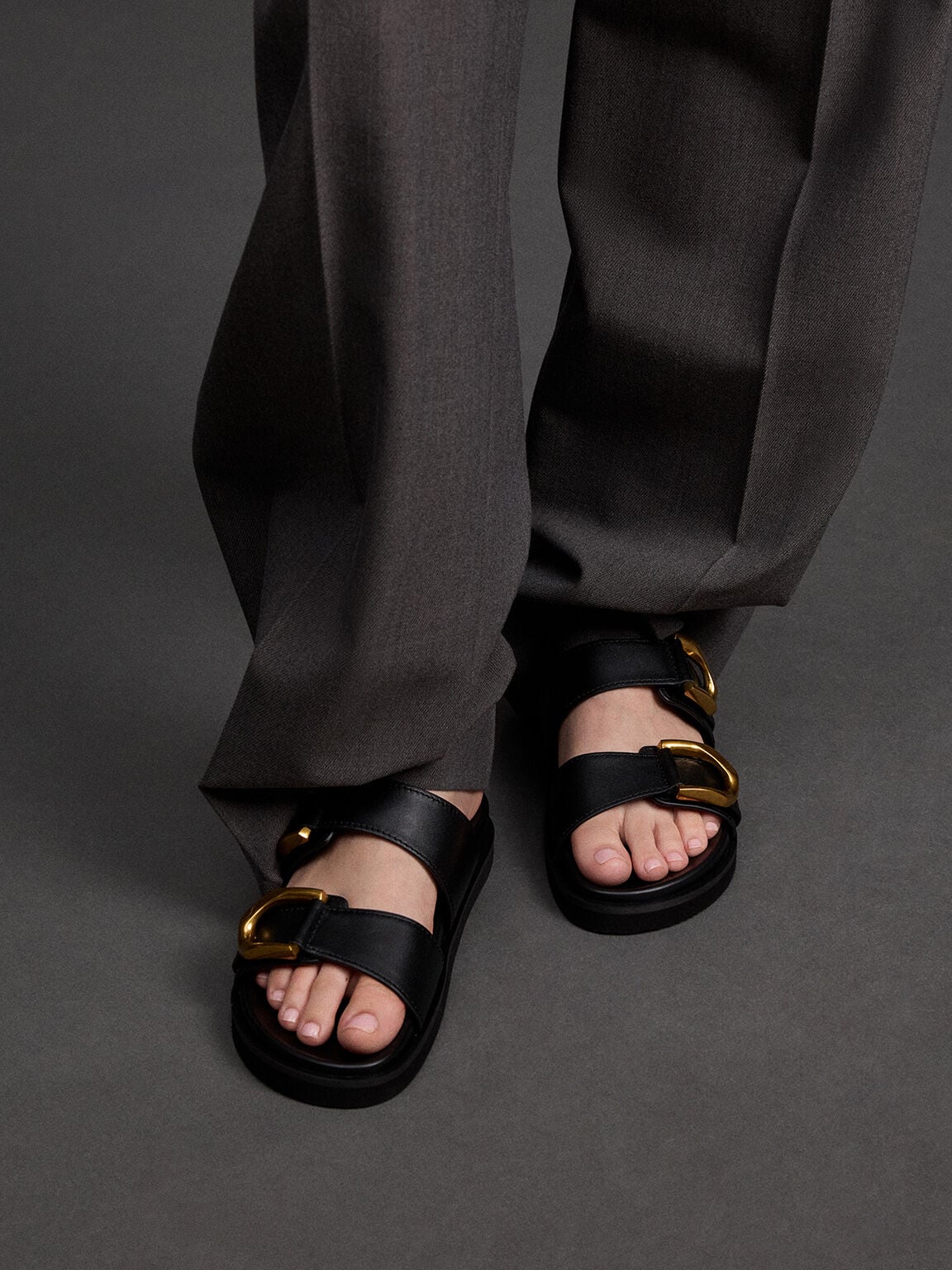 CHARLES & KEITH Trending | Gabine Gold-Buckle Leather Slides - Black