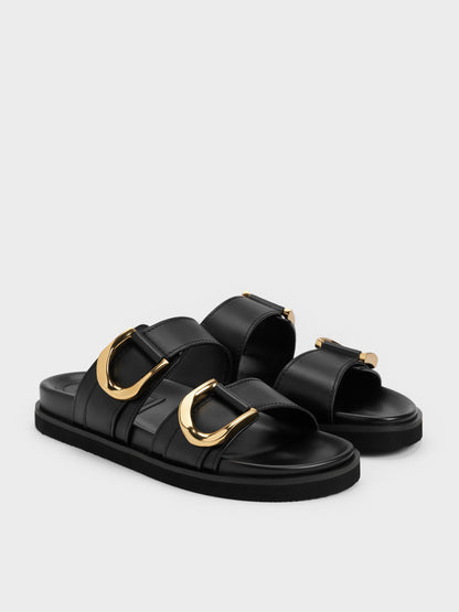 CHARLES & KEITH Trending | Gabine Gold-Buckle Leather Slides - Black
