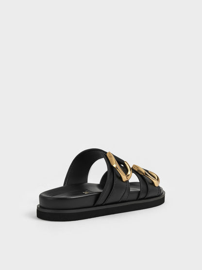 CHARLES & KEITH Trending | Gabine Gold-Buckle Leather Slides - Black