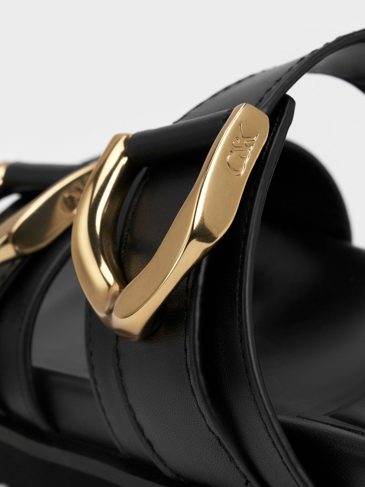 CHARLES & KEITH Trending | Gabine Gold-Buckle Leather Slides - Black