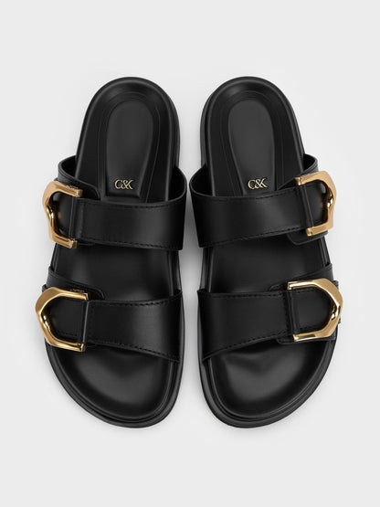 CHARLES & KEITH Trending | Gabine Gold-Buckle Leather Slides - Black