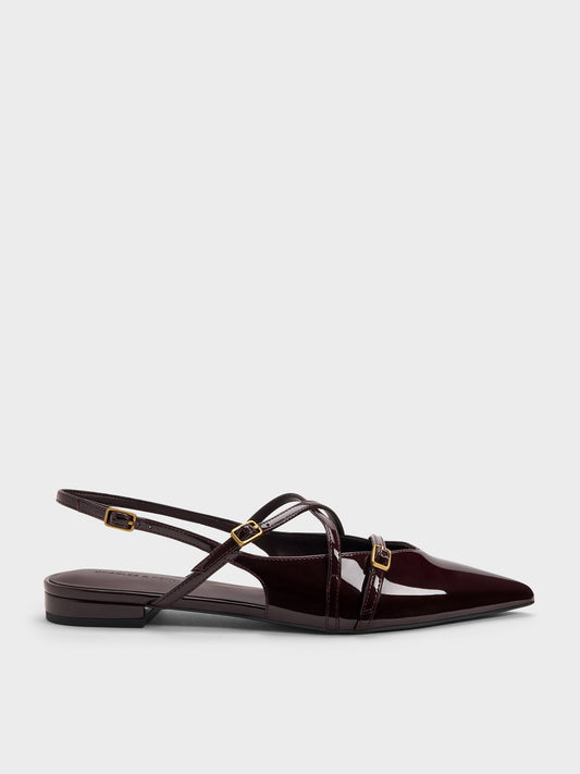 CHARLES & KEITH Classic | Maybelle Patent Strappy Slingback Flats - Burgundy