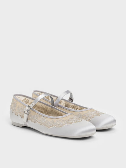 CHARLES & KEITH Value | Satin Embroidered-Mesh Mary Jane Flats - Silver