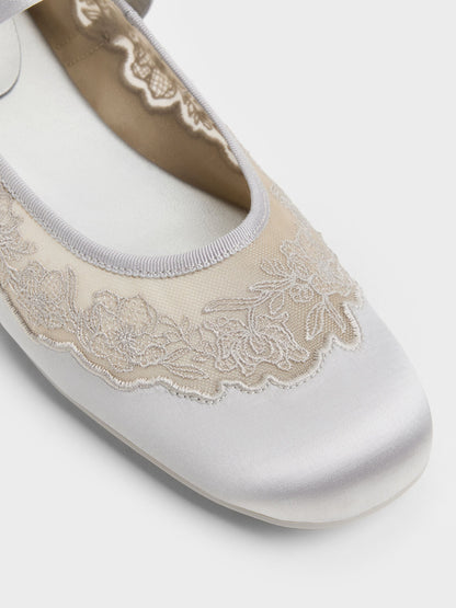 CHARLES & KEITH Value | Satin Embroidered-Mesh Mary Jane Flats - Silver