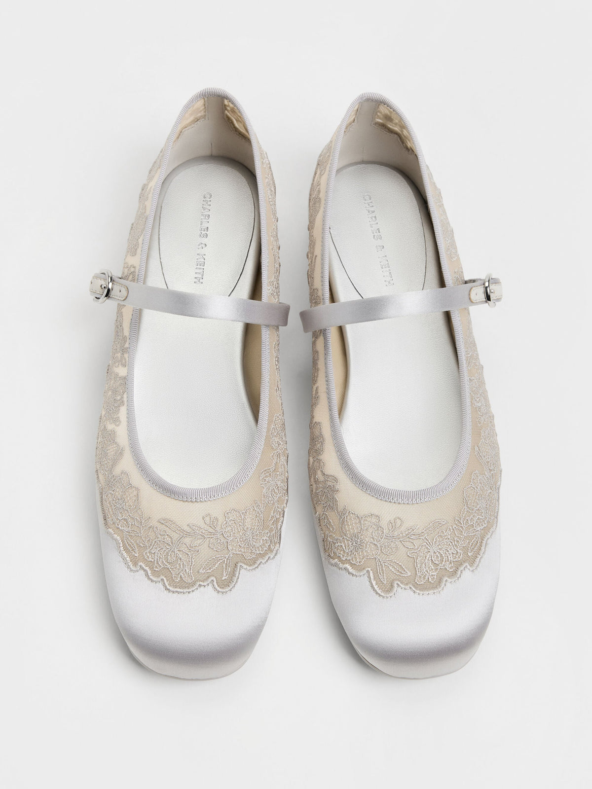 CHARLES & KEITH Value | Satin Embroidered-Mesh Mary Jane Flats - Silver