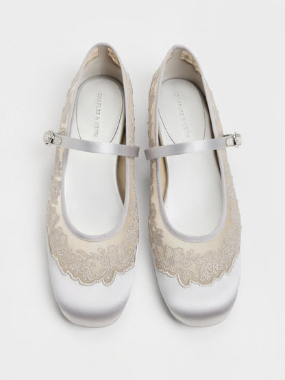 CHARLES & KEITH Value | Satin Embroidered-Mesh Mary Jane Flats - Silver
