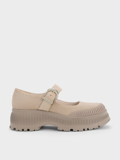 CHARLES & KEITH Classic | Darra Faux Suede Platform Mary Janes - Beige