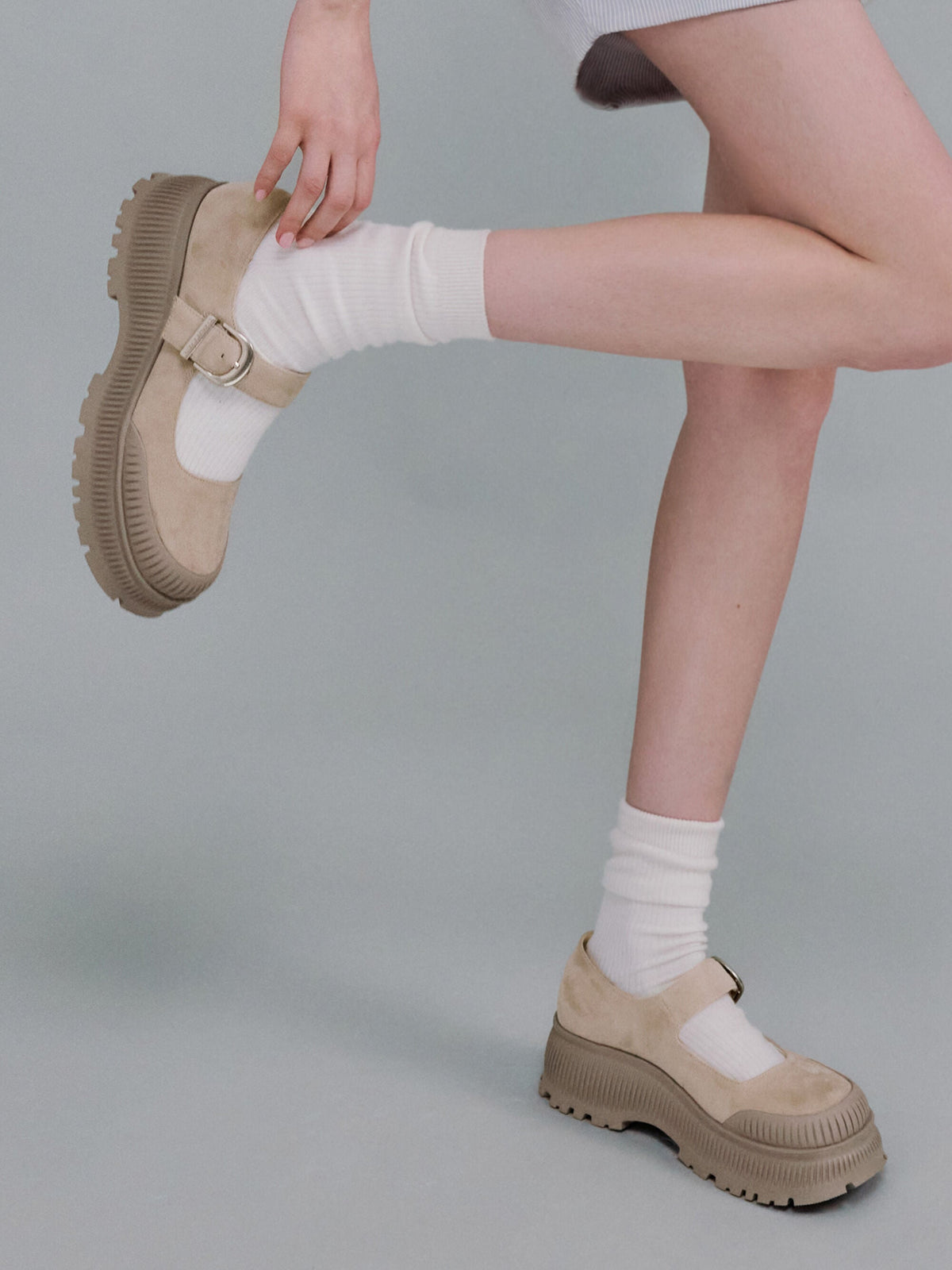 CHARLES & KEITH Classic | Darra Faux Suede Platform Mary Janes - Beige