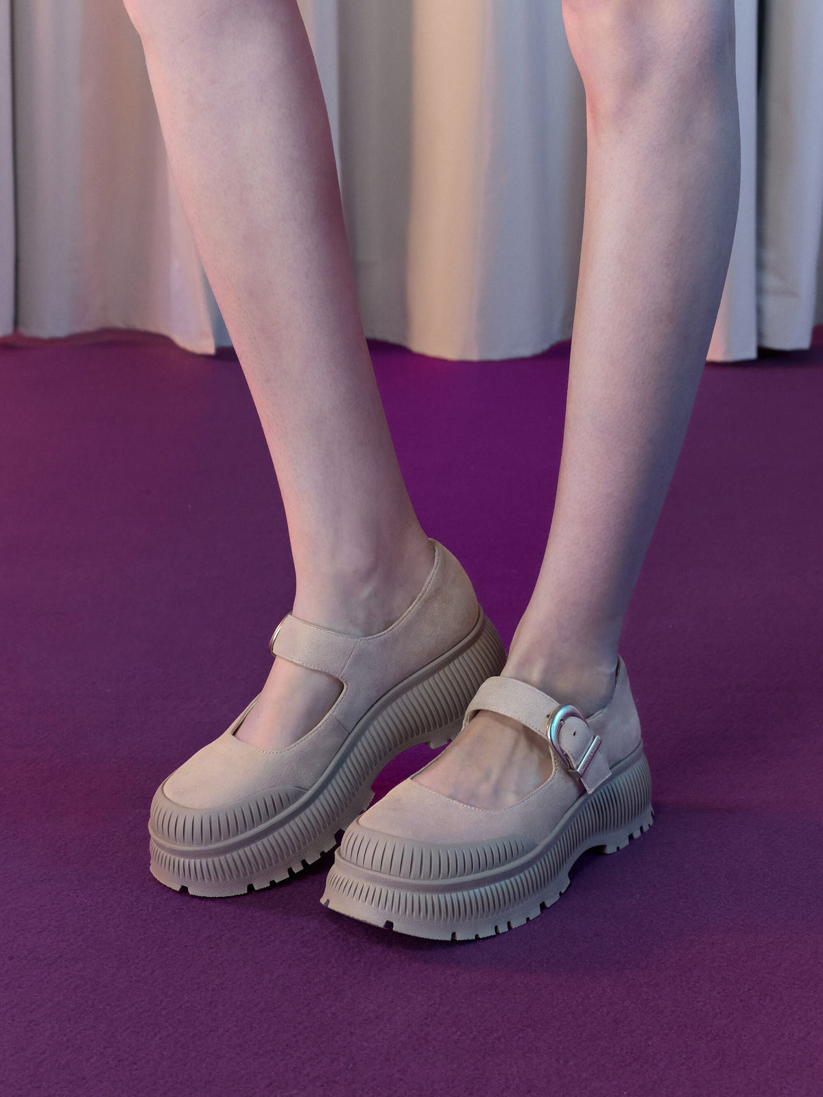 CHARLES & KEITH Classic | Darra Faux Suede Platform Mary Janes - Beige