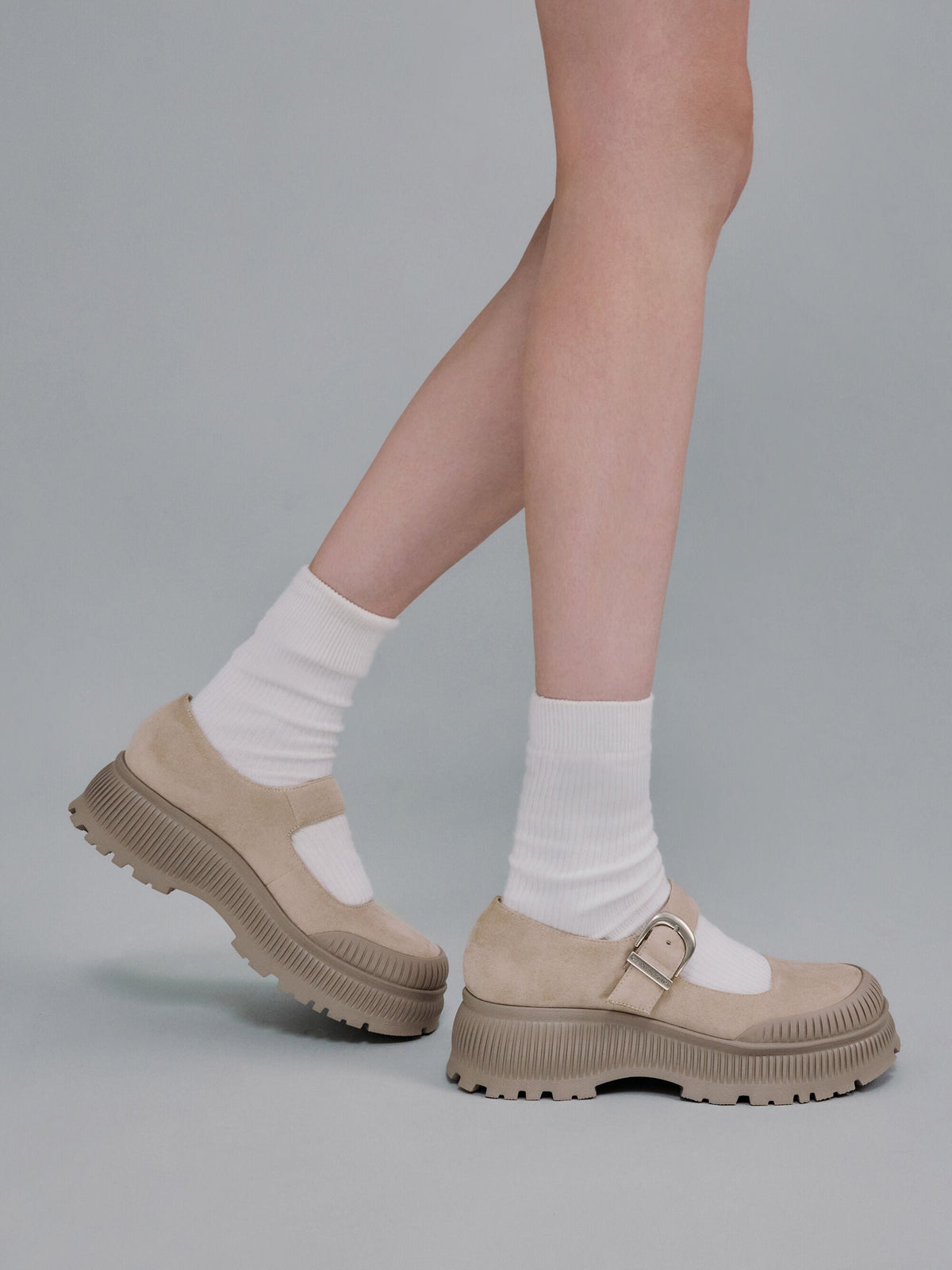 CHARLES & KEITH Classic | Darra Faux Suede Platform Mary Janes - Beige