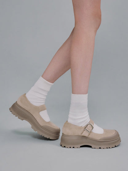 CHARLES & KEITH Classic | Darra Faux Suede Platform Mary Janes - Beige