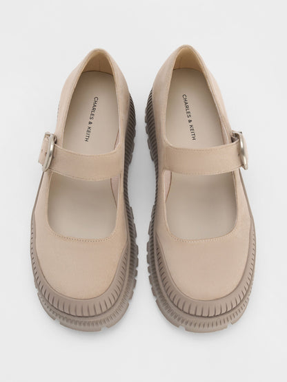 CHARLES & KEITH Classic | Darra Faux Suede Platform Mary Janes - Beige