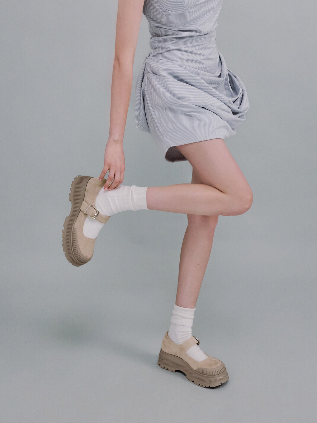 CHARLES & KEITH Classic | Darra Faux Suede Platform Mary Janes - Beige
