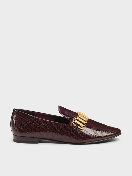 CHARLES & KEITH New | Snake-Print Metallic-Accent Loafers - Animal Print Burgundy