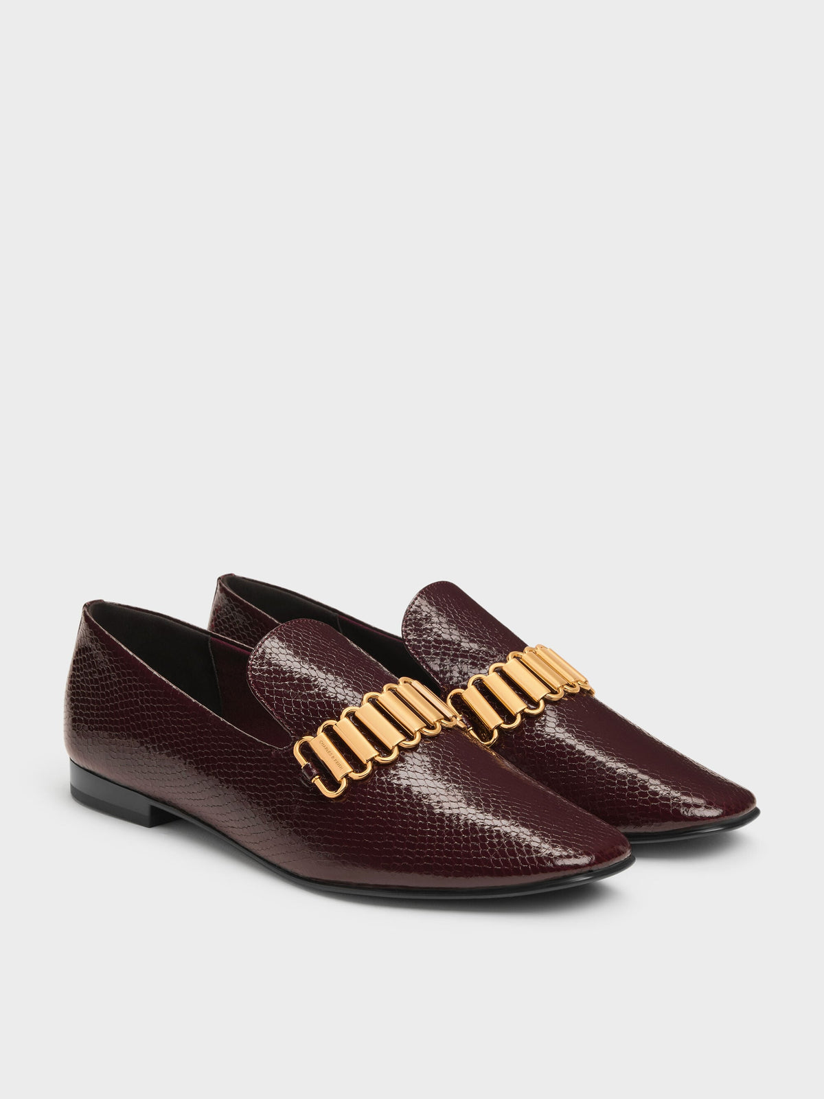 CHARLES & KEITH New | Snake-Print Metallic-Accent Loafers - Animal Print Burgundy