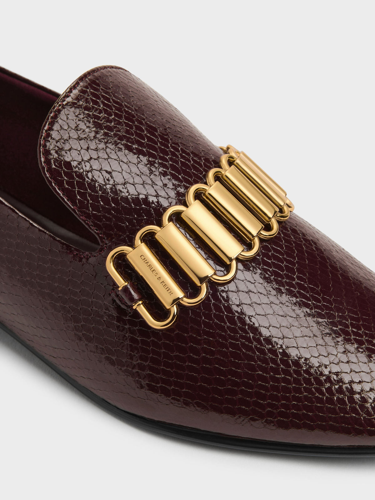 CHARLES & KEITH New | Snake-Print Metallic-Accent Loafers - Animal Print Burgundy