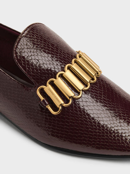CHARLES & KEITH New | Snake-Print Metallic-Accent Loafers - Animal Print Burgundy