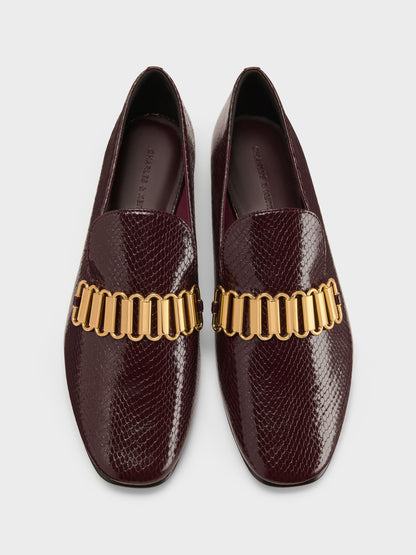 CHARLES & KEITH New | Snake-Print Metallic-Accent Loafers - Animal Print Burgundy