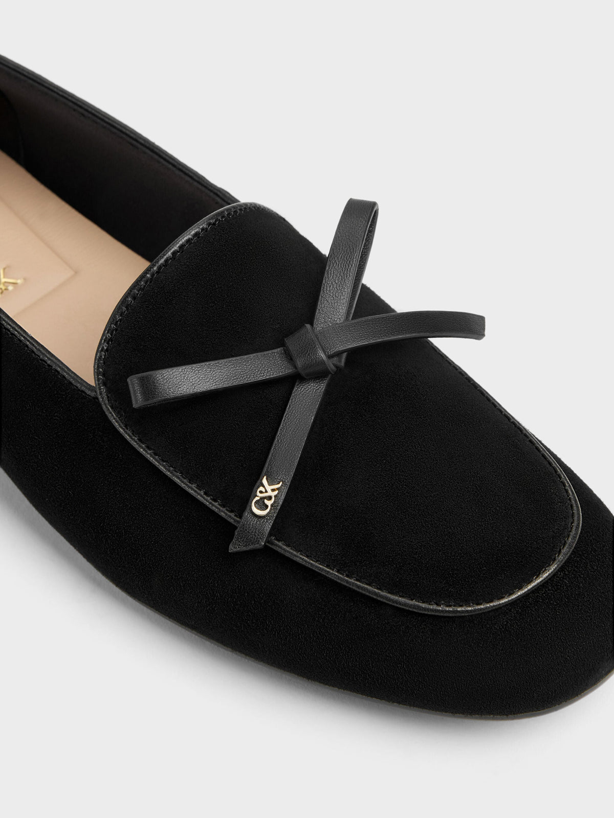 CHARLES & KEITH Value | Leather & Suede Bow Loafers - Black Textured
