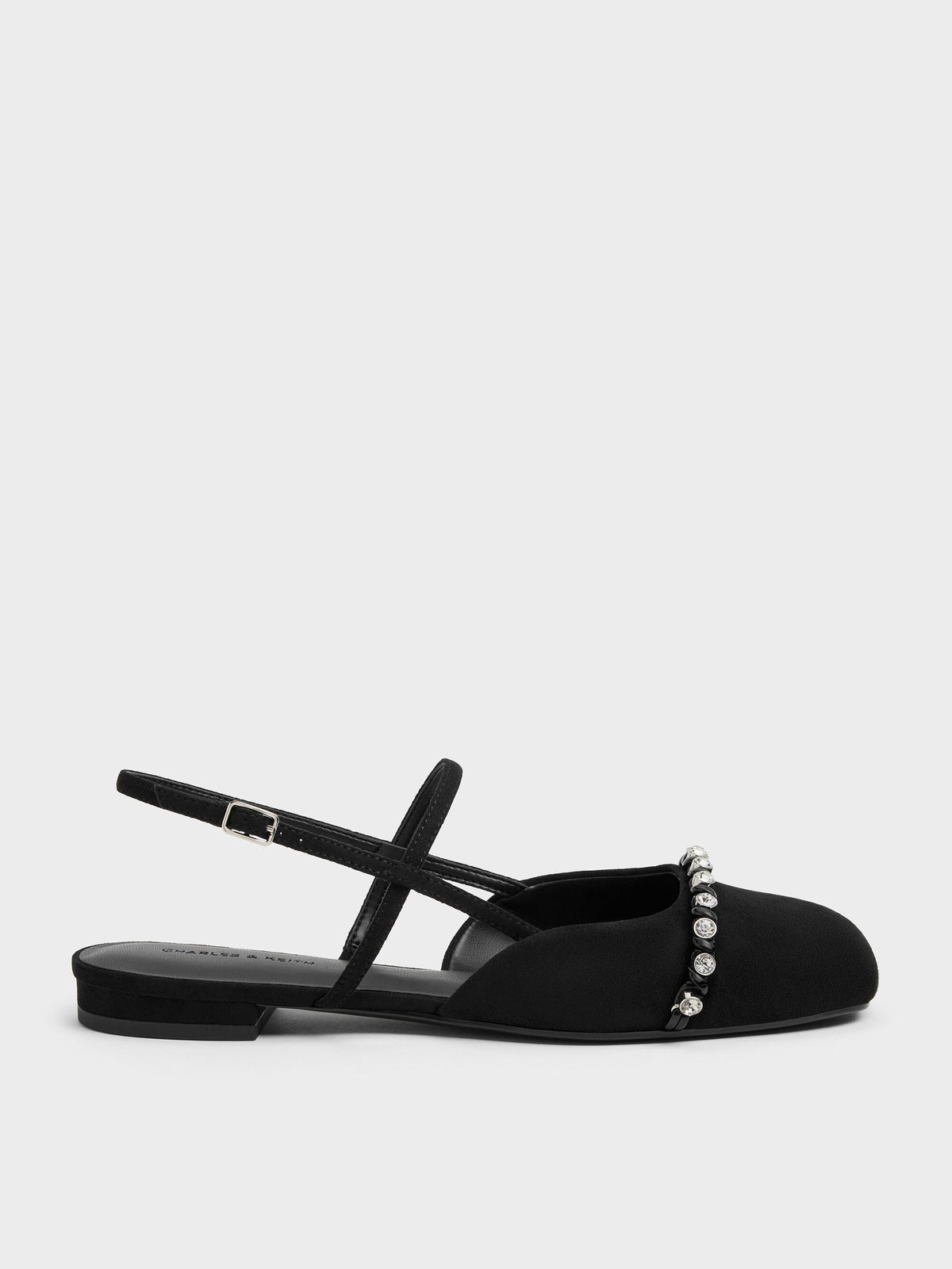 CHARLES & KEITH Customer Favorite | Faux Suede Crystal Slingback Flats - Black Textured